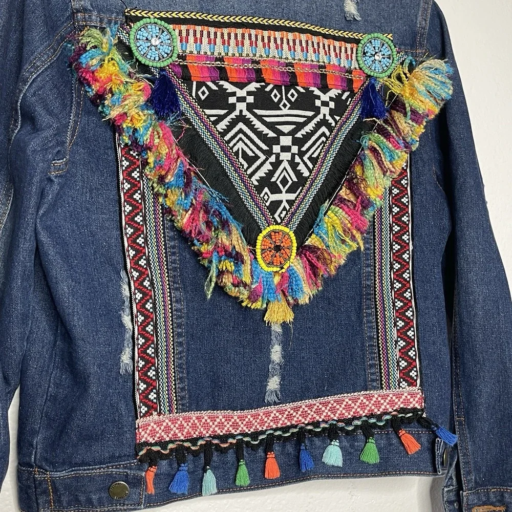 Boho Embroidered Tassel Denim Jacket Festival Tribal Fringe Jean Jacket Womens S
